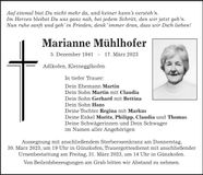 Traueranzeige Marianne Mühlhofer