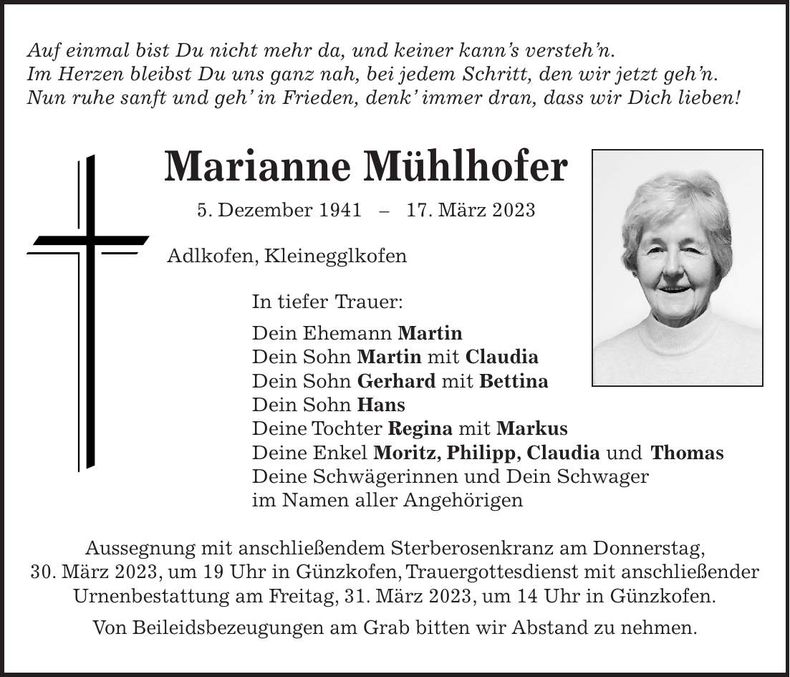 Traueranzeige Marianne Mühlhofer
