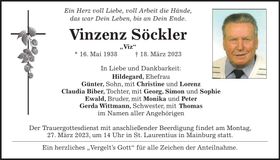 Traueranzeige Vinzenz Söckler