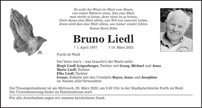 Traueranzeige Bruno Liedl