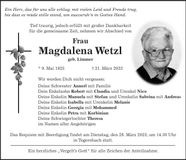 Traueranzeige Magdalena Wetzl