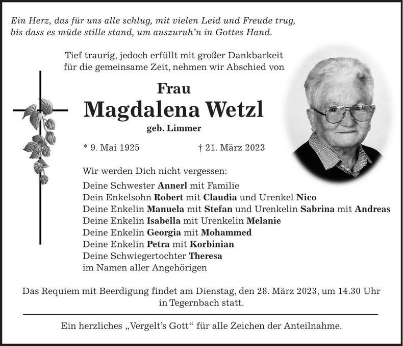 Traueranzeige Magdalena Wetzl