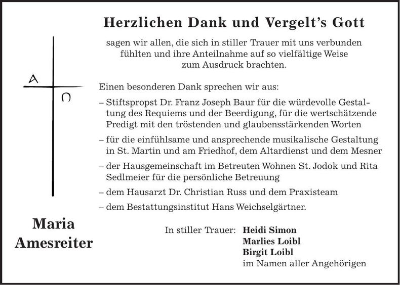 Traueranzeige Maria Amesreiter