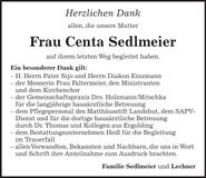 Traueranzeige Centa Sedlmeier