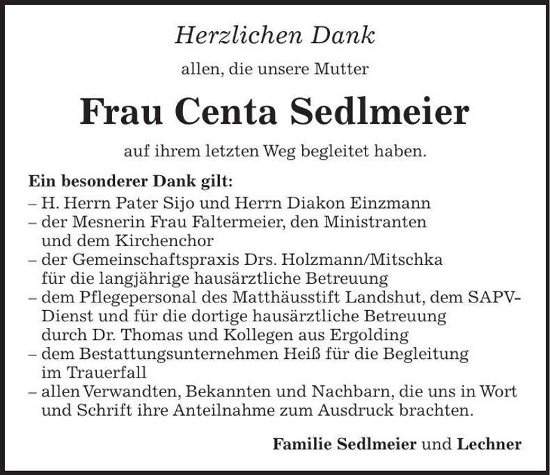 Traueranzeige Centa Sedlmeier