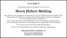 Traueranzeige Hubert Mehling