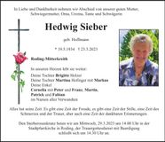 Traueranzeige Hedwig Sieber