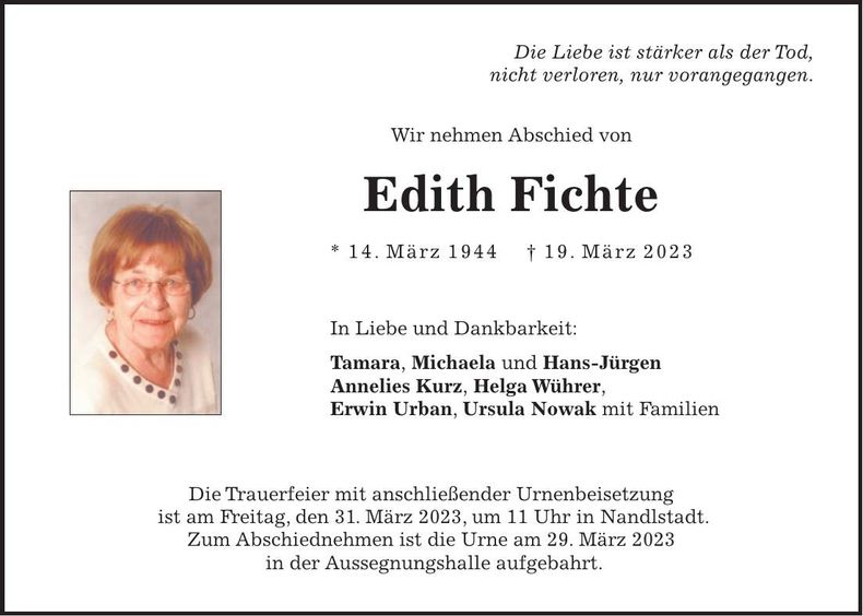 Traueranzeige Edith Fichte