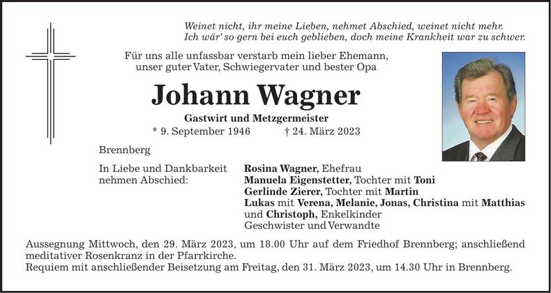 Traueranzeige Johann Wagner