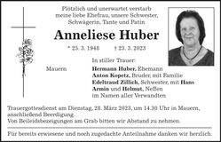 Traueranzeige Anna Huber