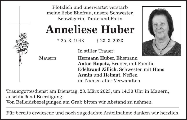 Traueranzeige Anna Huber
