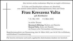 Traueranzeige Kreszenz Valta