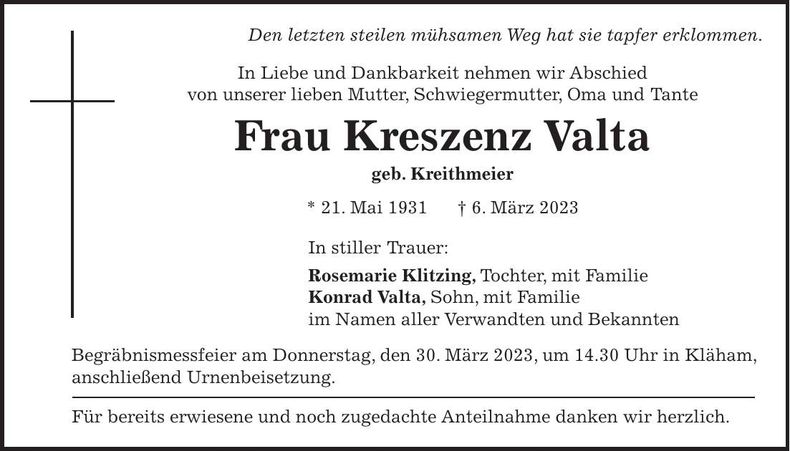 Traueranzeige Kreszenz Valta