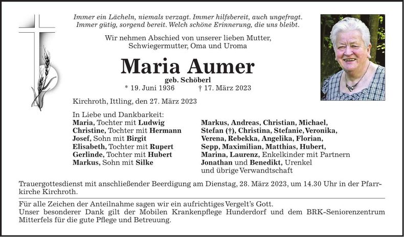 Traueranzeige Maria Aumer