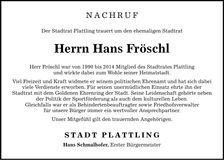 Traueranzeige Hans Fröschl