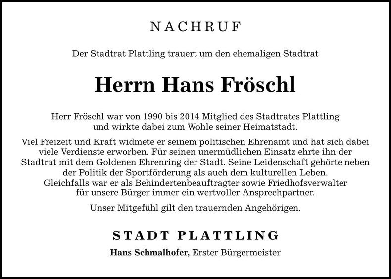 Traueranzeige Hans Fröschl