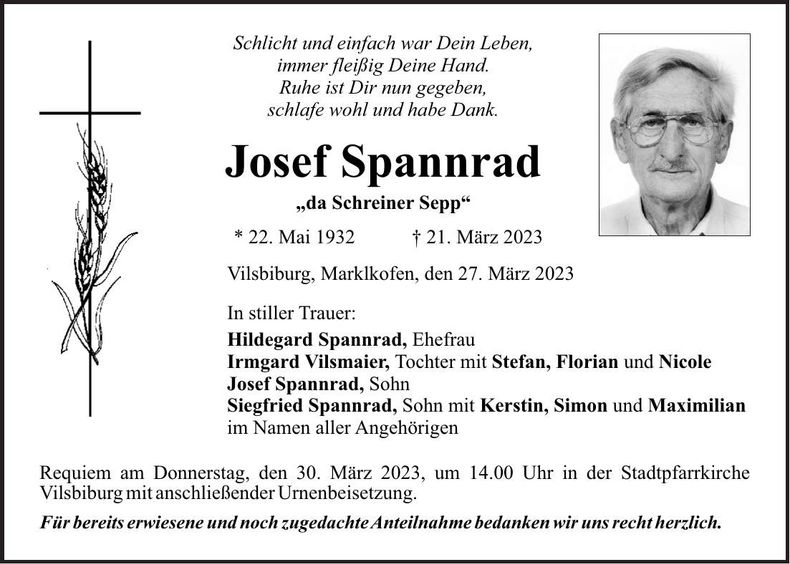 Traueranzeige Josef Spannrad