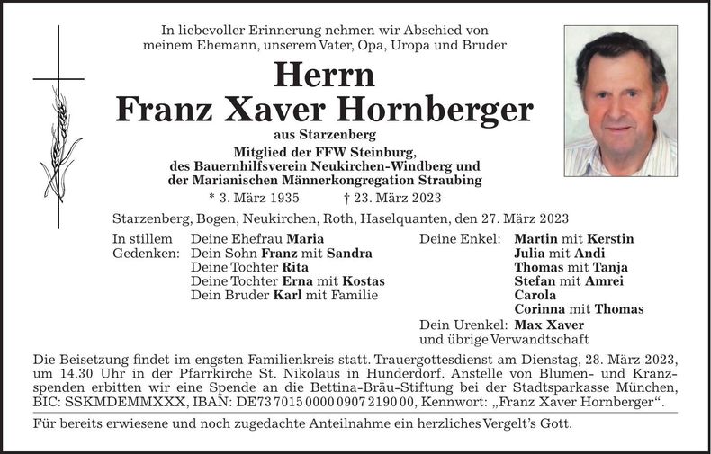 Traueranzeige Franz Xaver Hornberger