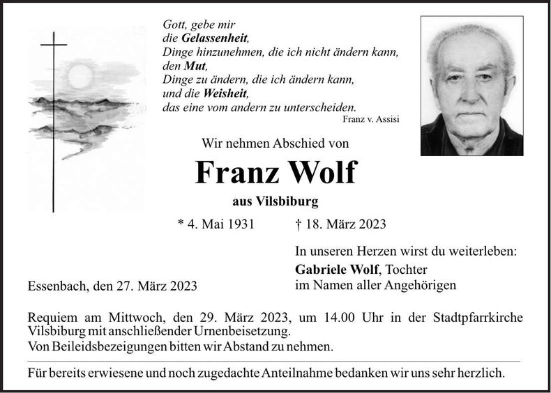 Traueranzeige Franz Wolf