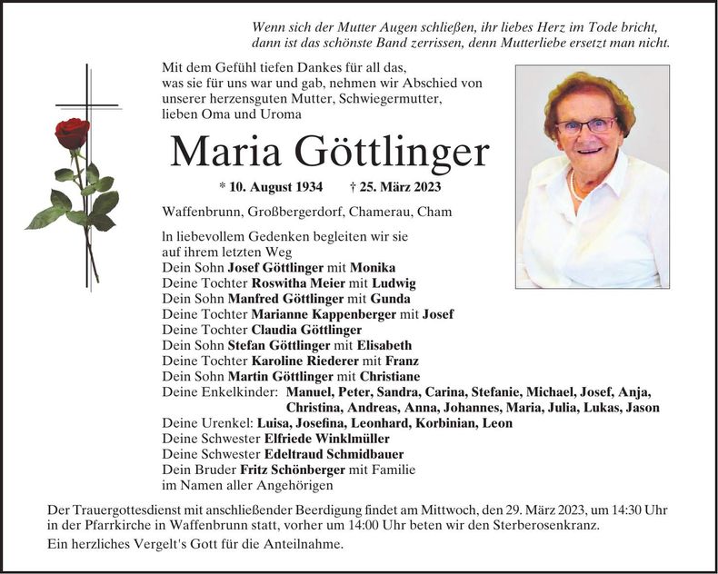 Traueranzeige Maria Göttlinger