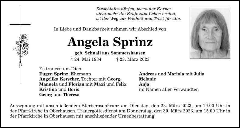 Traueranzeige Angela Sprinz