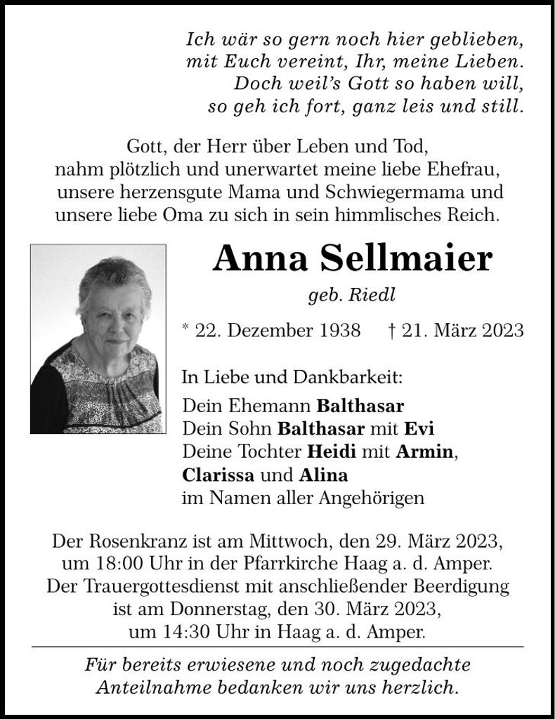 Traueranzeige Anna Sellmaier