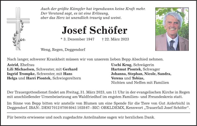 Traueranzeige Josef Schöfer