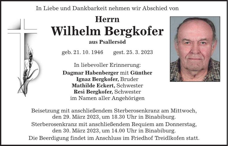 Traueranzeige Wilhelm Bergkofer