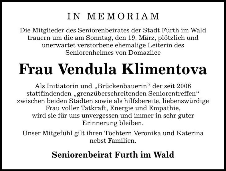 Traueranzeige Vendula Klimentova