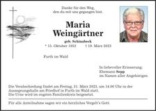 Traueranzeige Maria Weingärtner