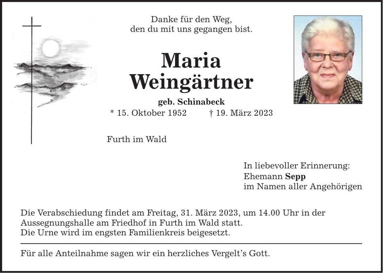 Traueranzeige Maria Weingärtner