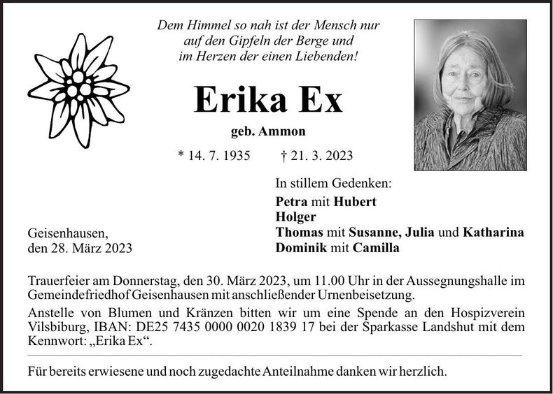 Traueranzeige Erika Ex