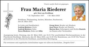 Traueranzeige Maria Riederer
