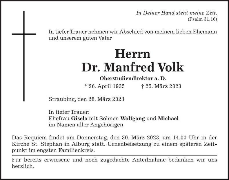 Traueranzeige Manfred Volk