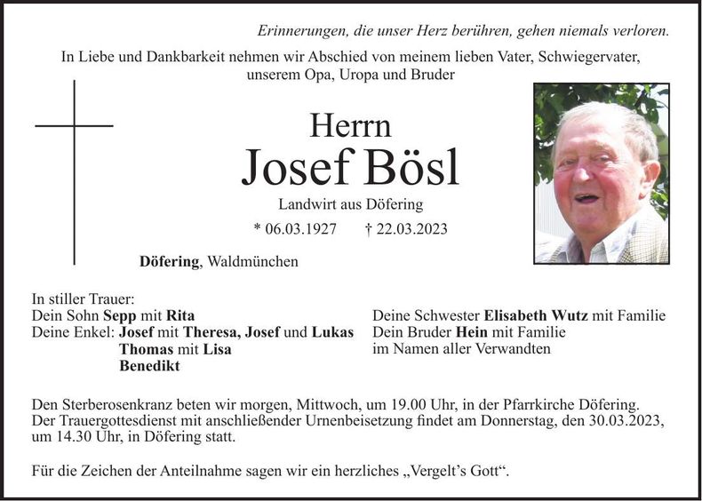 Traueranzeige Josef Bösl