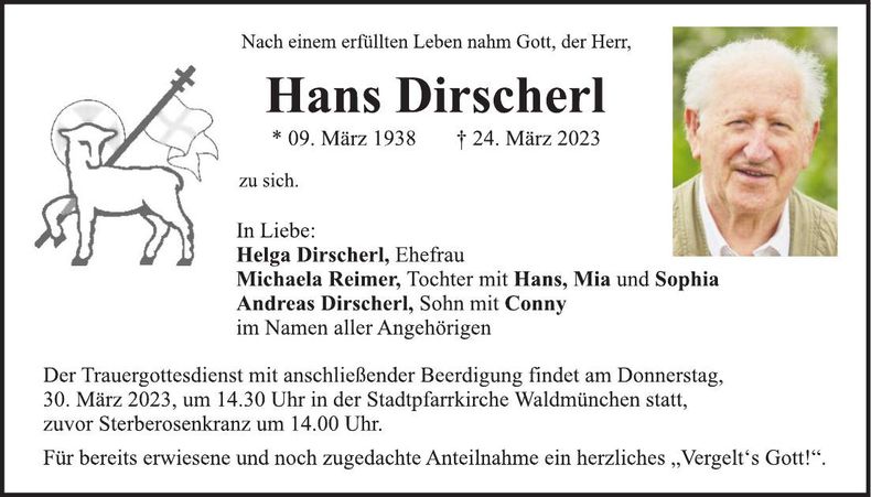 Traueranzeige Johann Dirscherl