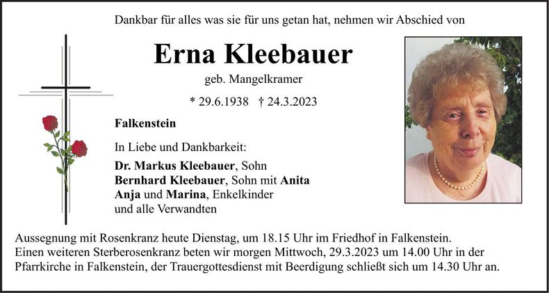 Traueranzeige Erna Kleebauer