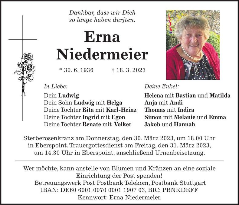 Traueranzeige Erna Niedermeier