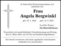 Traueranzeige Angela Bergwinkl