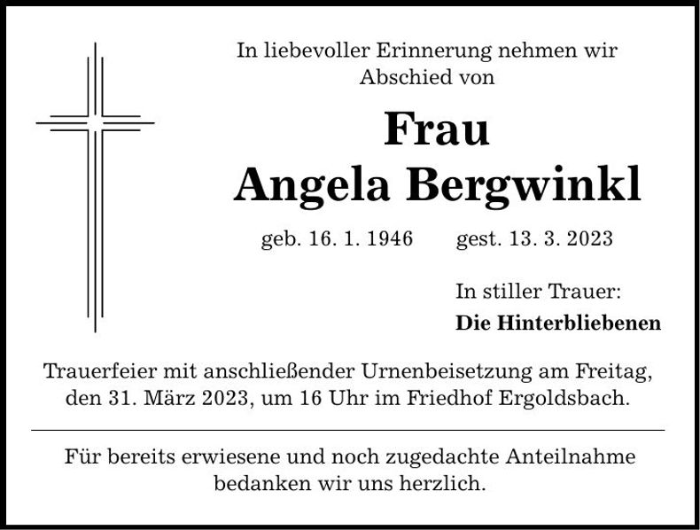 Traueranzeige Angela Bergwinkl