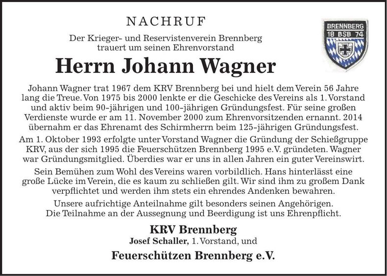 Traueranzeige Johann Wagner