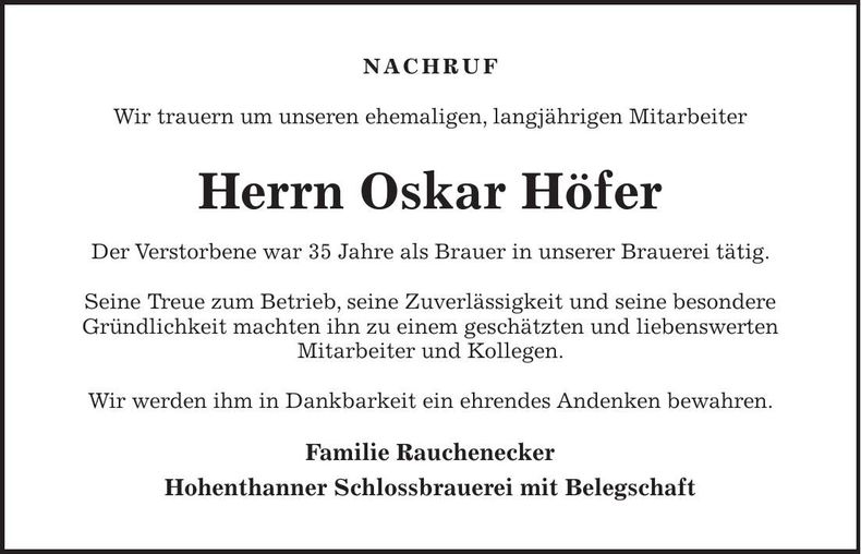 Traueranzeige Josef Hadaller