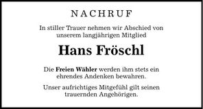 Traueranzeige Hans Fröschl