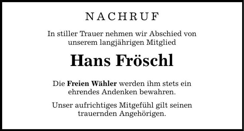 Traueranzeige Hans Fröschl
