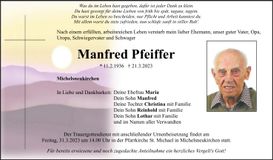 Traueranzeige Manfred Pfeiffer