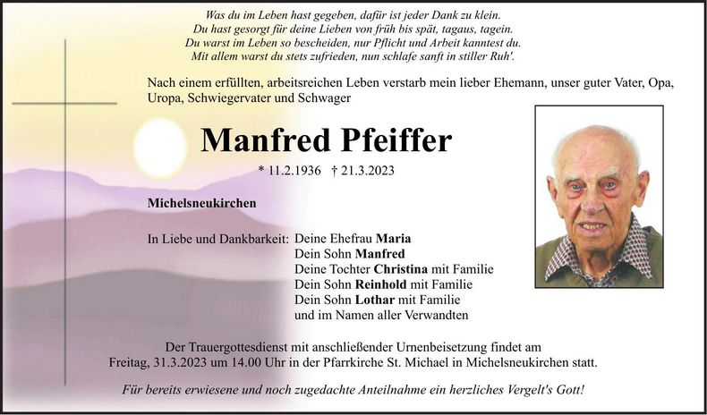 Traueranzeige Manfred Pfeiffer