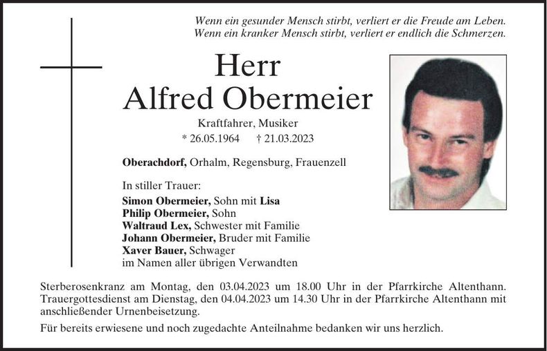Traueranzeige Alfred Obermeier