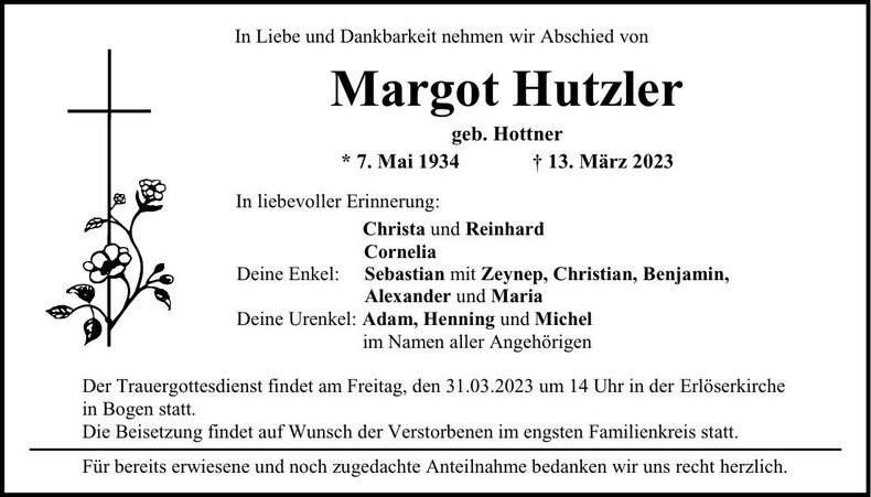 Traueranzeige Margot Hutzler