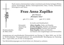 Traueranzeige Anna Zapilko