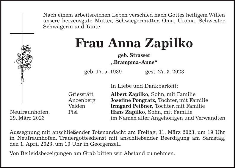 Traueranzeige Anna Zapilko